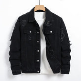Men's Denim Jacket - Black Regular Jacket, Street Fashion with Rips, Suitable for Daily Casual Outings